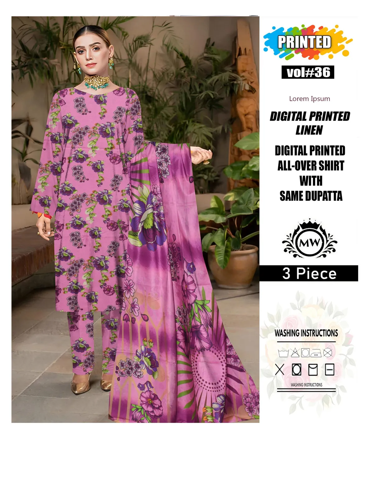 3 Piece Unstitched Digital Printed Linen