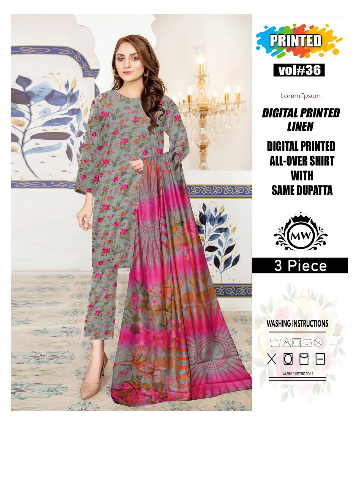 3 Piece Unstitched Digital Printed Linen - Image 9