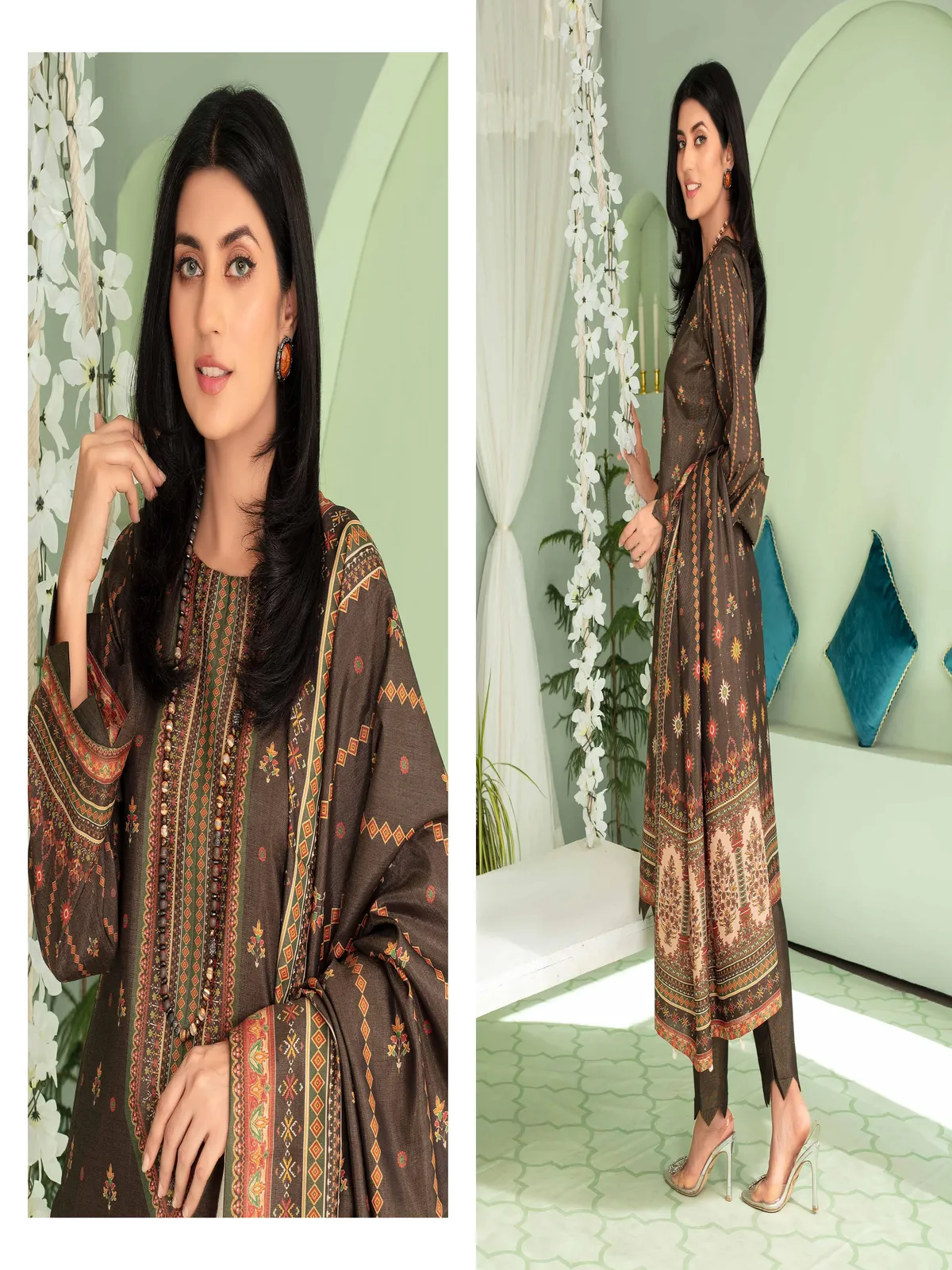 Marooj 3 Piece Magestic Golden Printed Linen Suit