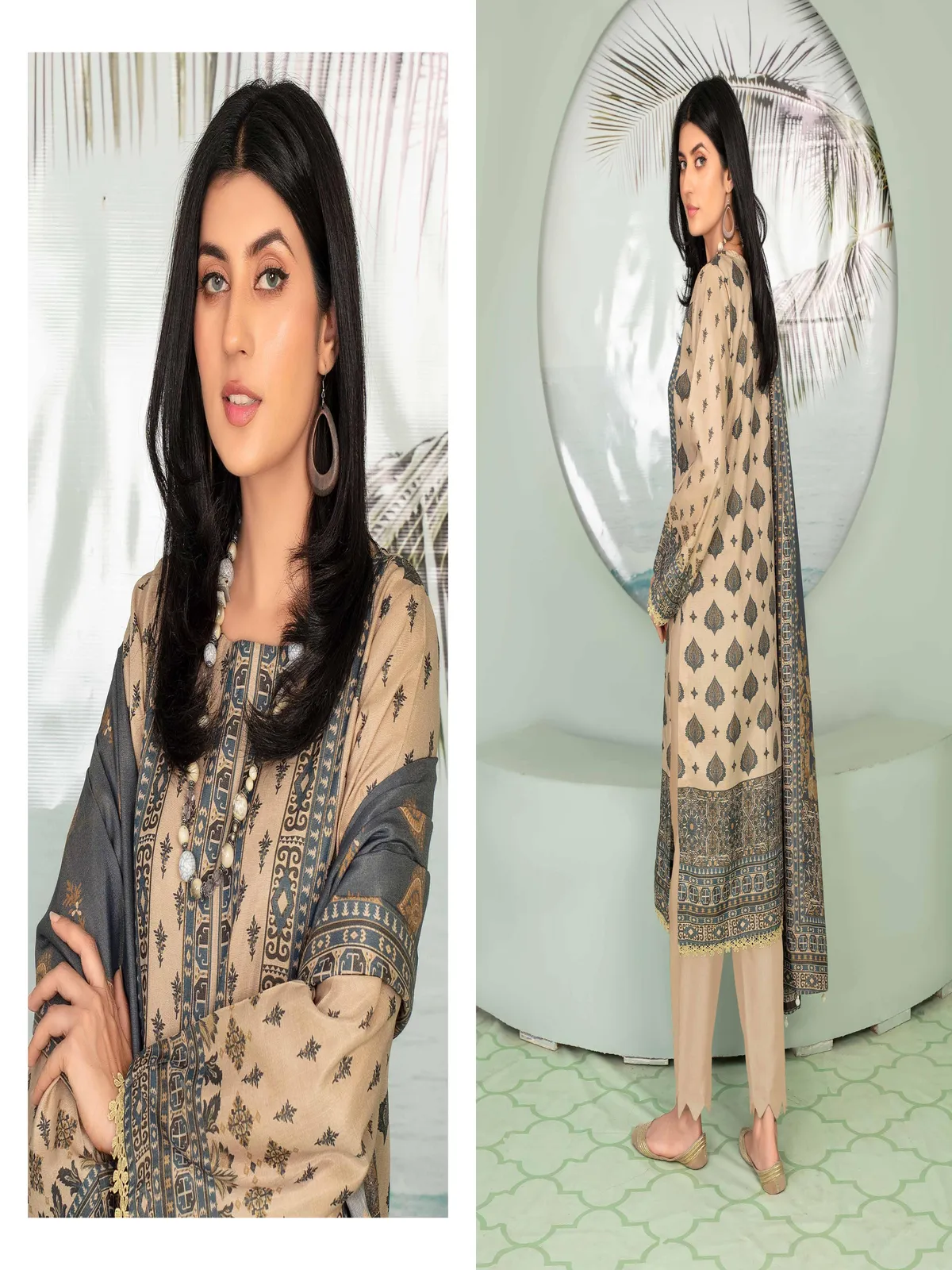 Marooj 3 Piece Magestic Golden Printed Linen Suit - Image 2