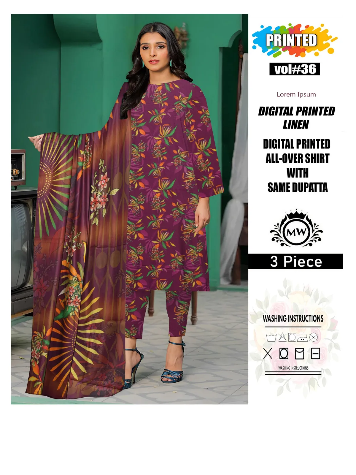 3 Piece Unstitched Digital Printed Linen - Image 4