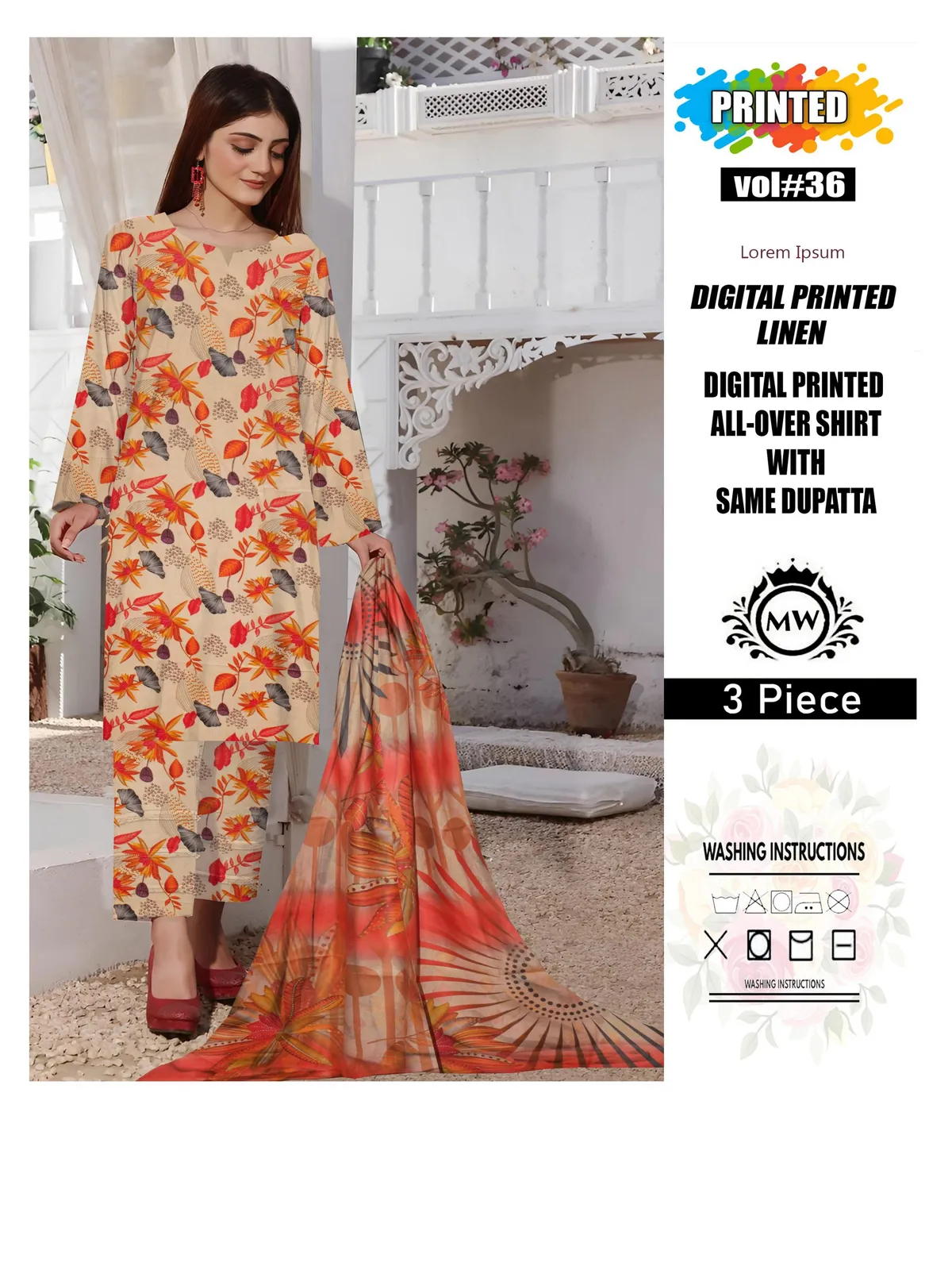 3 Piece Unstitched Digital Printed Linen - Image 3