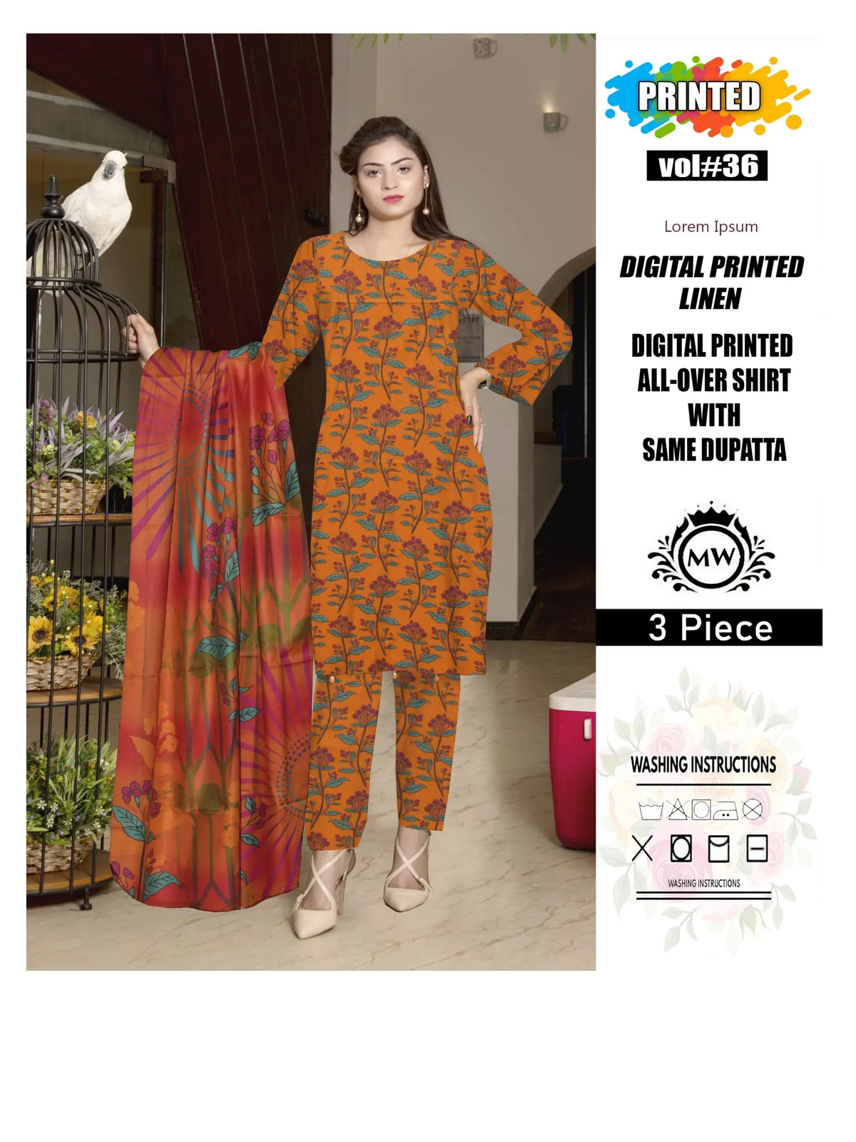 3 Piece Unstitched Digital Printed Linen - Image 2