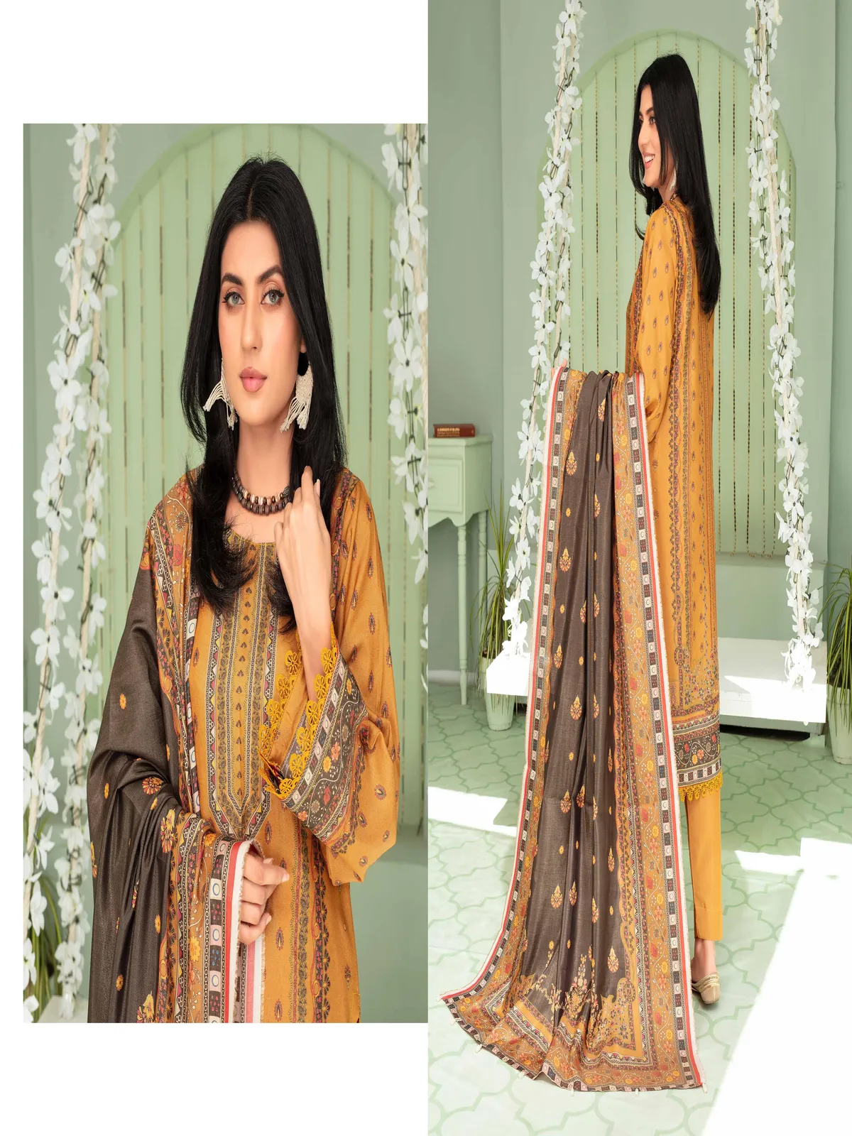 Marooj 3 Piece Magestic Golden Printed Linen Suit - Image 3