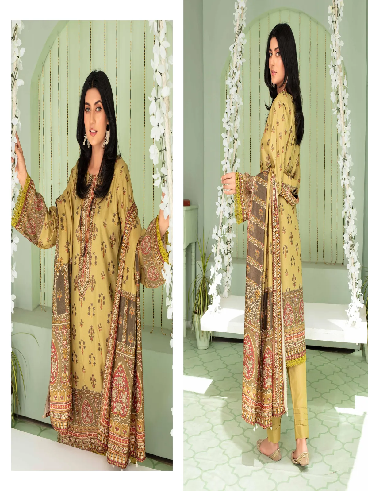 Marooj 3 Piece Magestic Golden Printed Linen Suit - Image 4