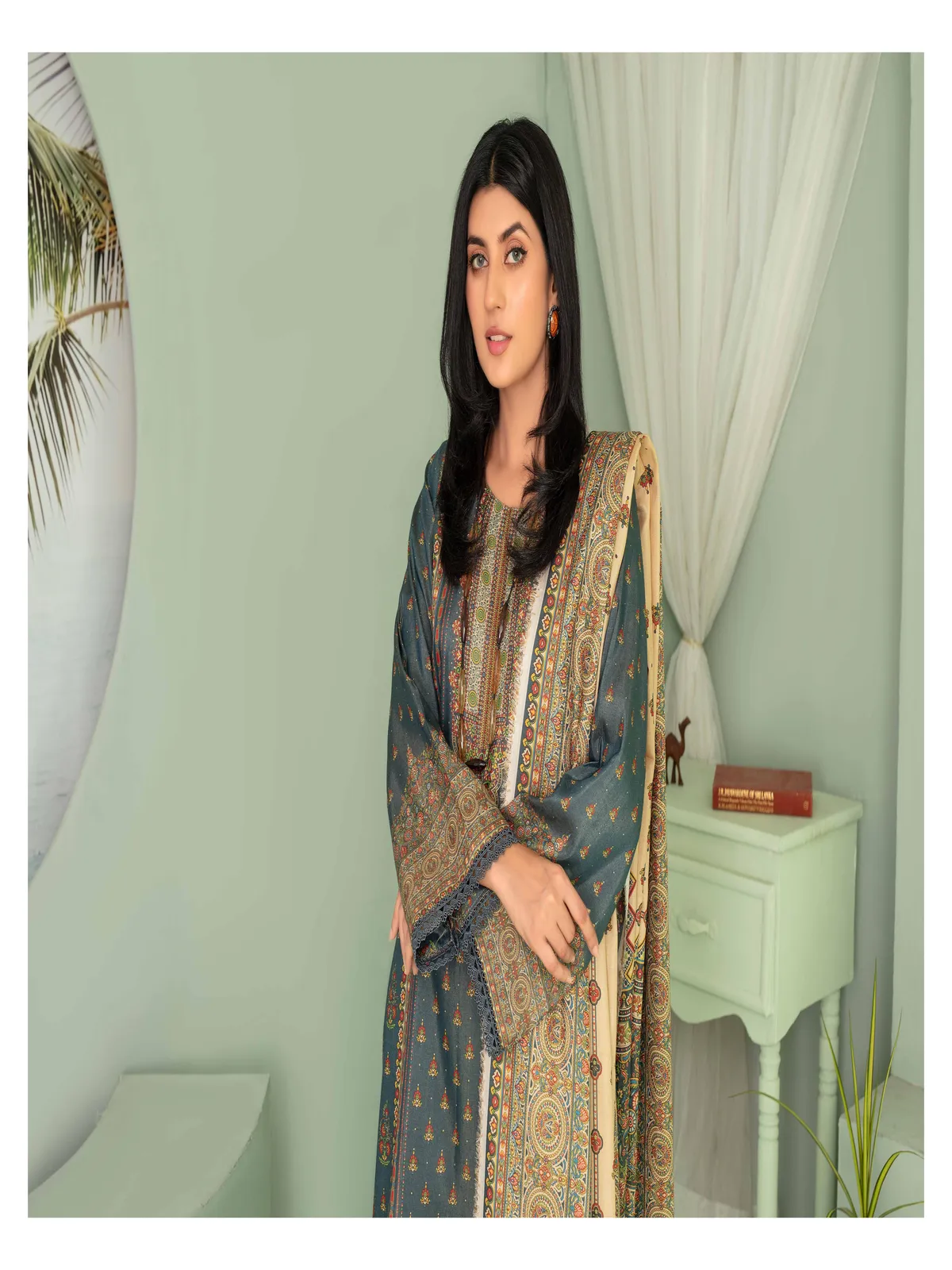 Marooj 3 Piece Magestic Golden Printed Linen Suit - Image 6