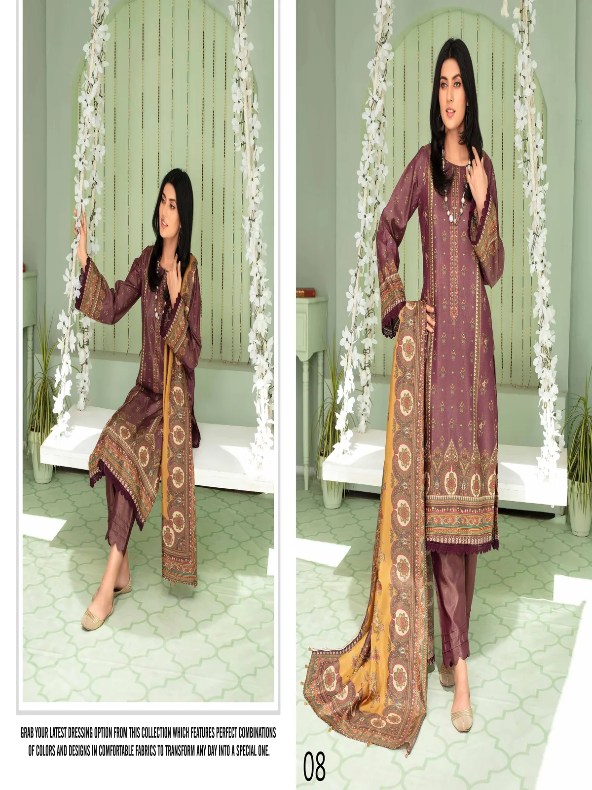 Marooj 3 Piece Magestic Golden Printed Linen Suit - Image 7