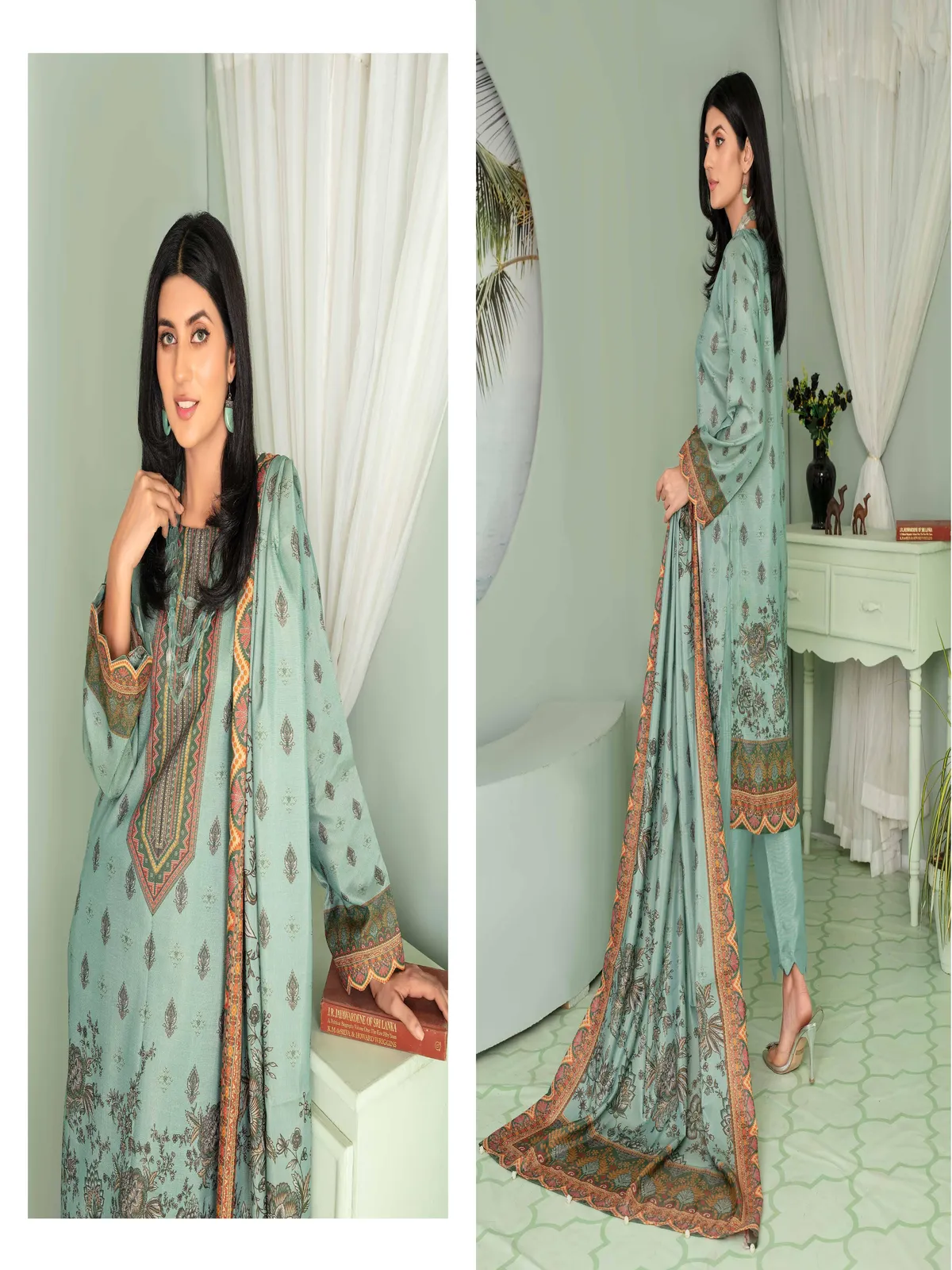 Marooj 3 Piece Magestic Golden Printed Linen Suit - Image 9